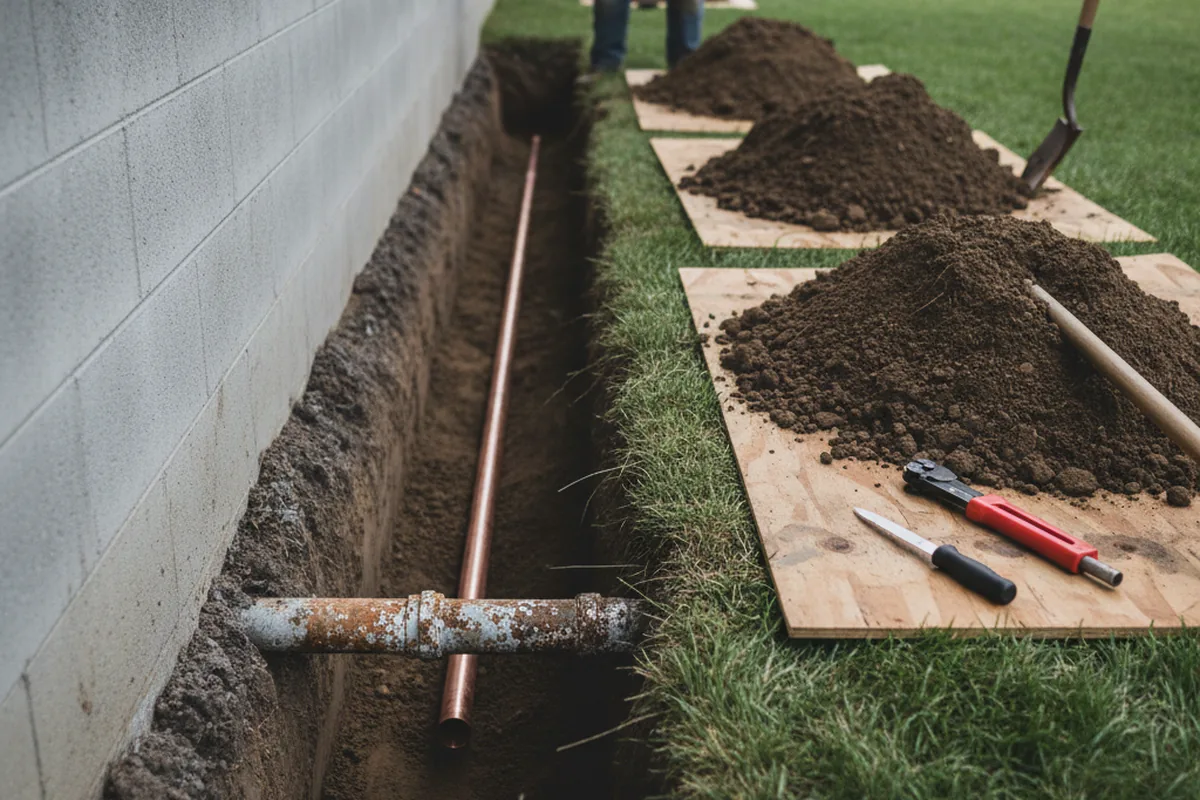 Excavated water line trench during Water Heater Repair in Elkton